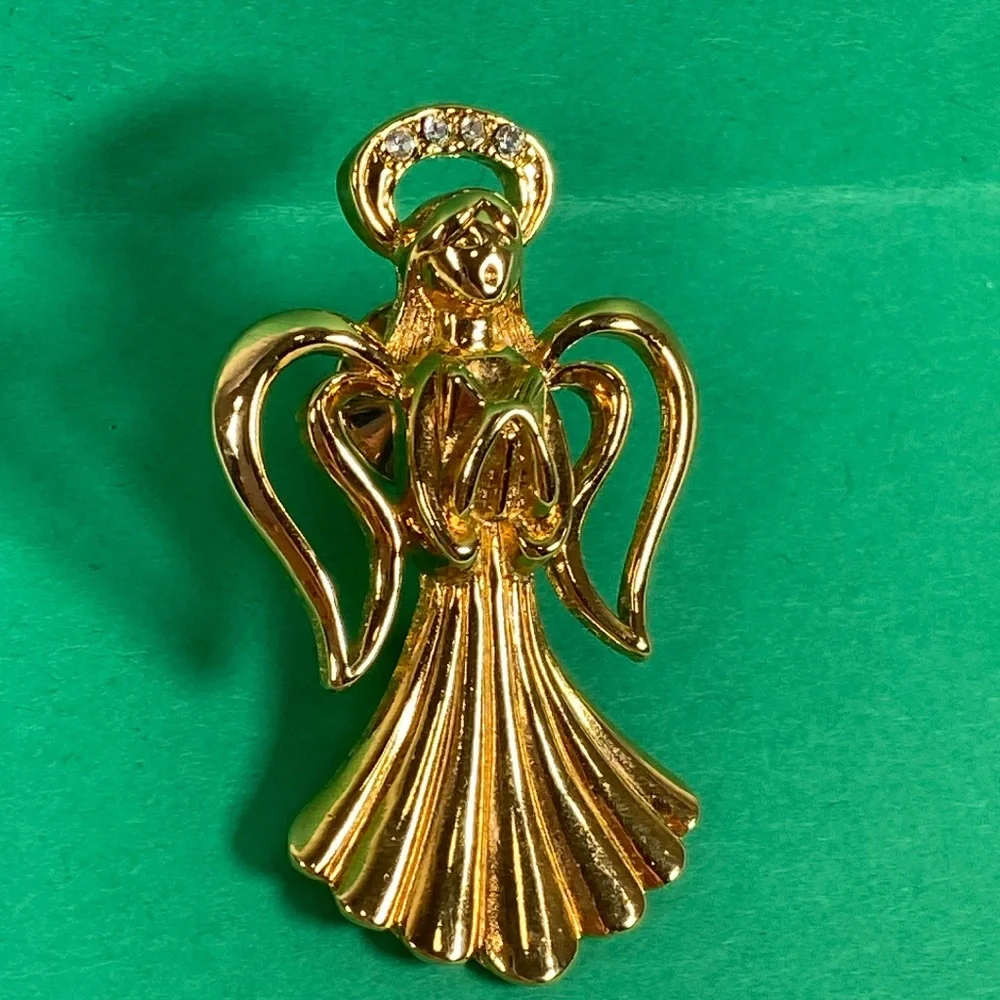 Vtg Christmas Angel Brooch Holiday Pin sparkling jeweled halo on goldtone metal - Picture 3 of 5